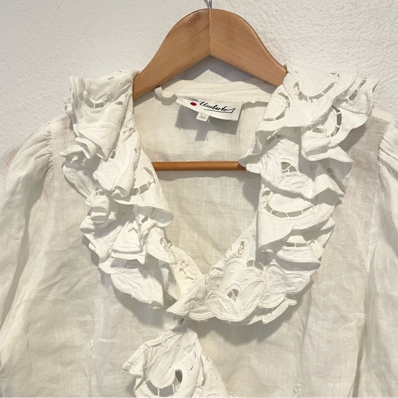 Vintage retro ruffle lace Victorian linen blouse - Picture 8 of 9